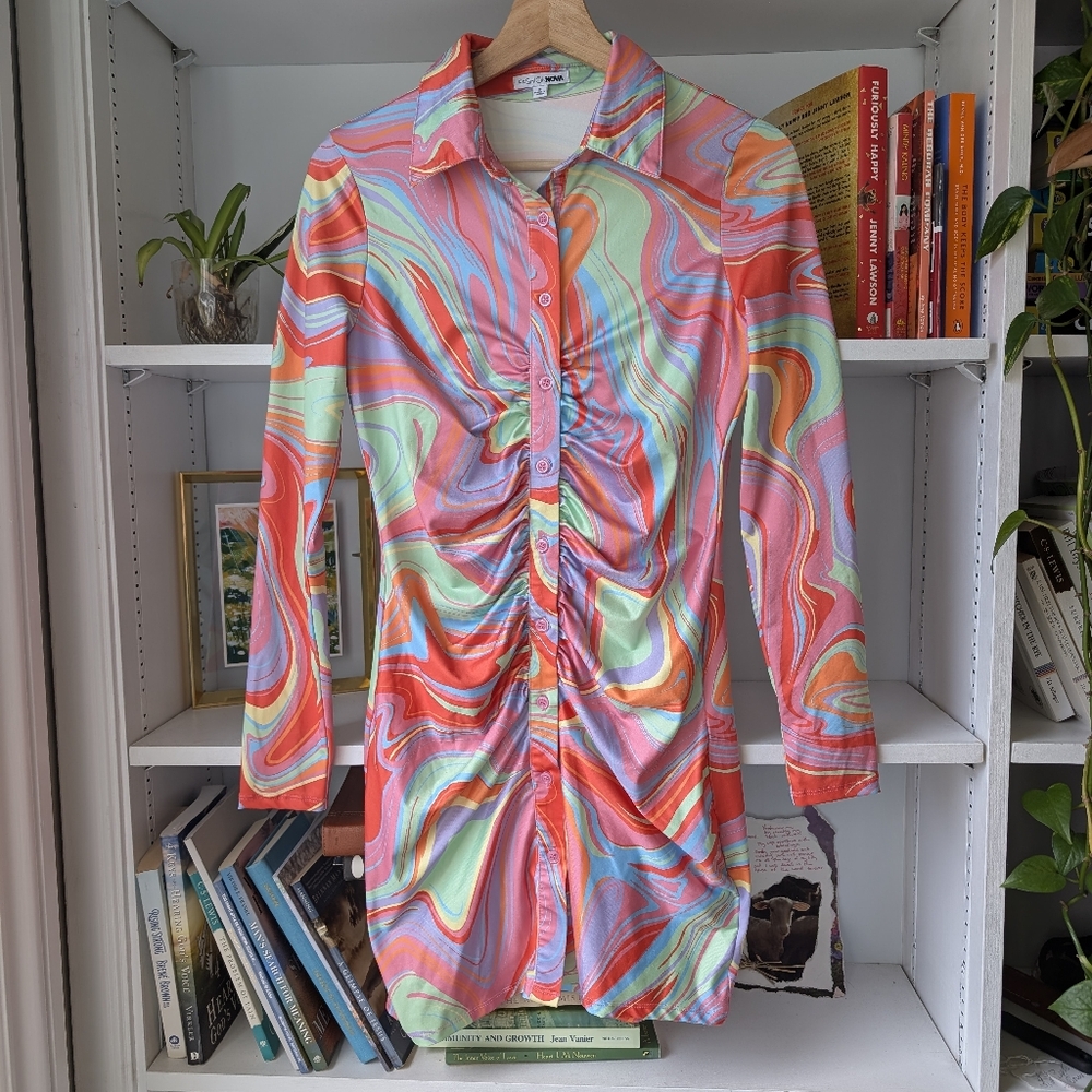 Fashion Nova Mini Dress Psychedelic Swirl Coral Mint Lavender Button-Up Small